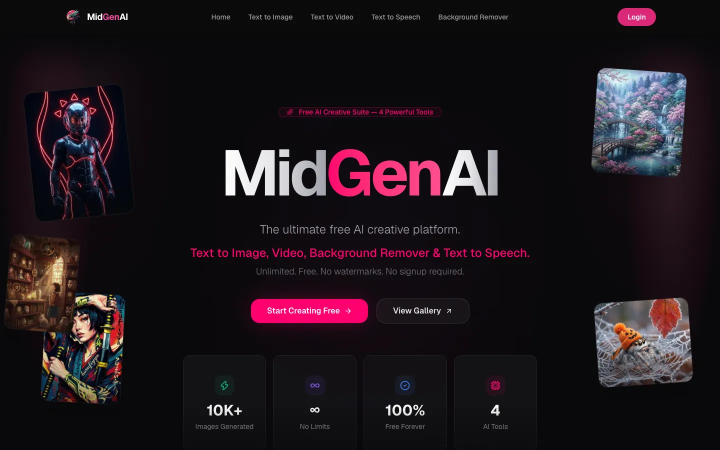 Screenshot of the MidGenAI Free Text To Image homepage