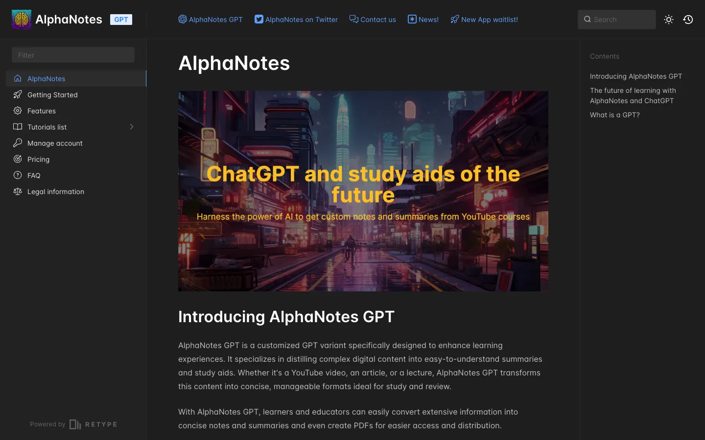 Screenshot of the AlphaNotes homepage