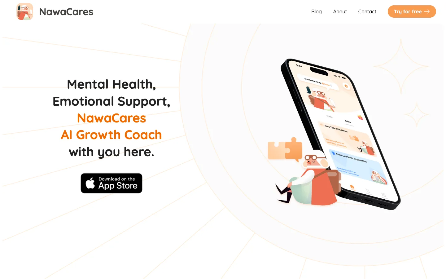 Screenshot of the NawaCares: AI Therapy & Journal homepage