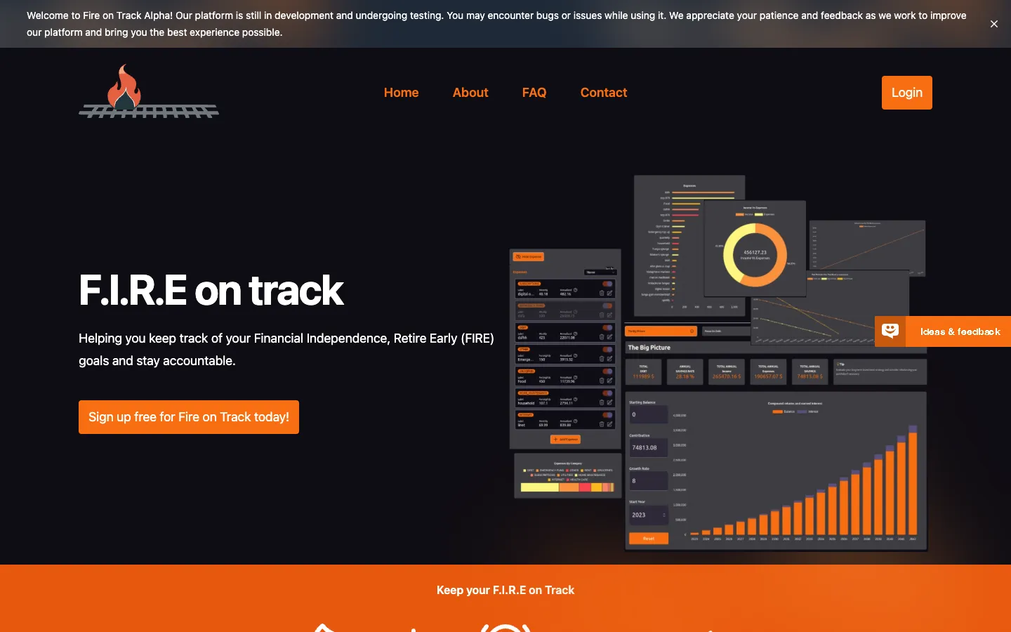 Screenshot of the F.I.R.E on track homepage