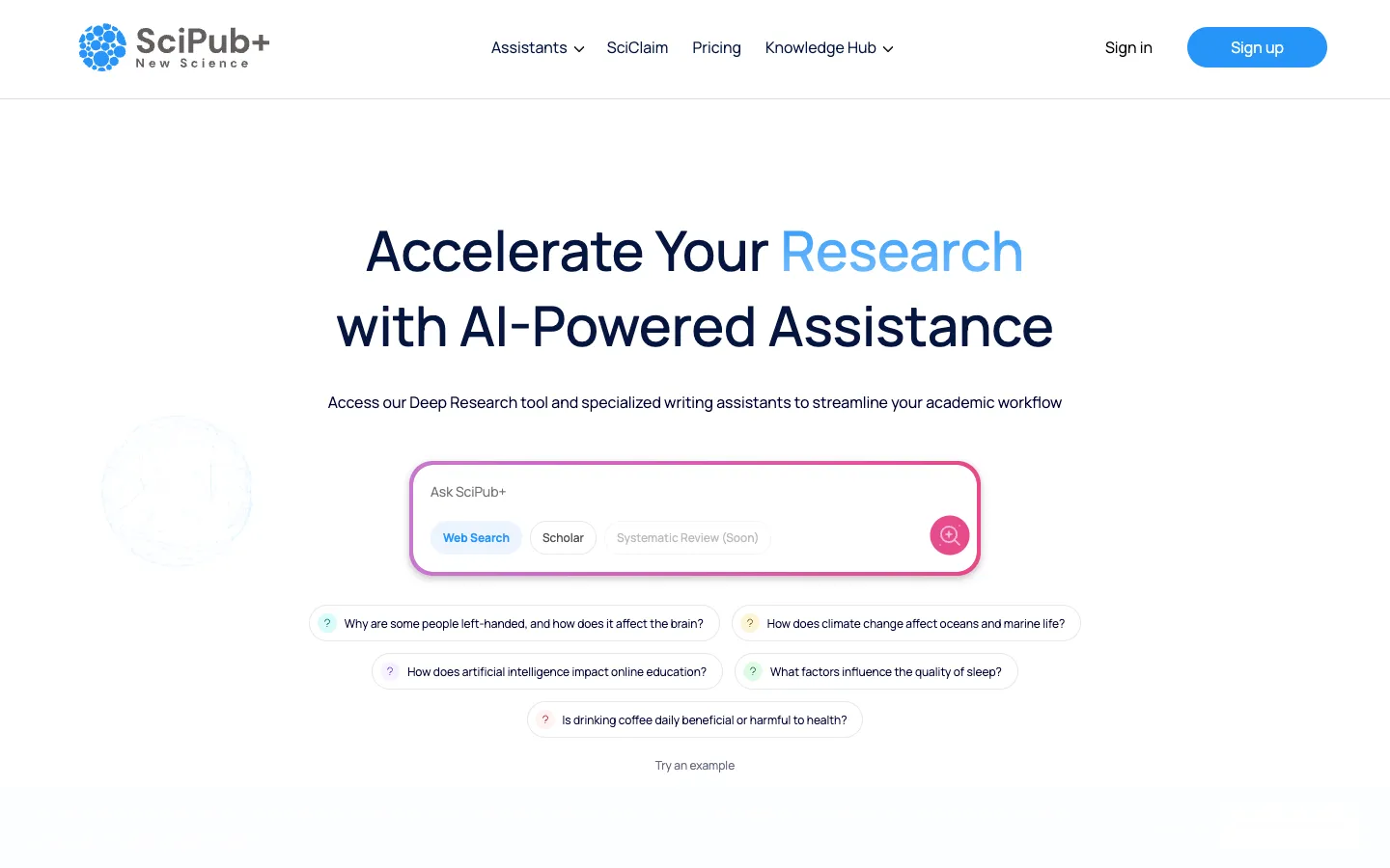 Screenshot of the SciPub+ homepage