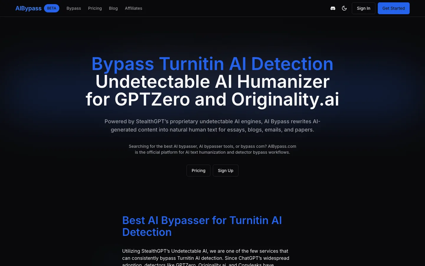 Screenshot of the AI Bypass homepage