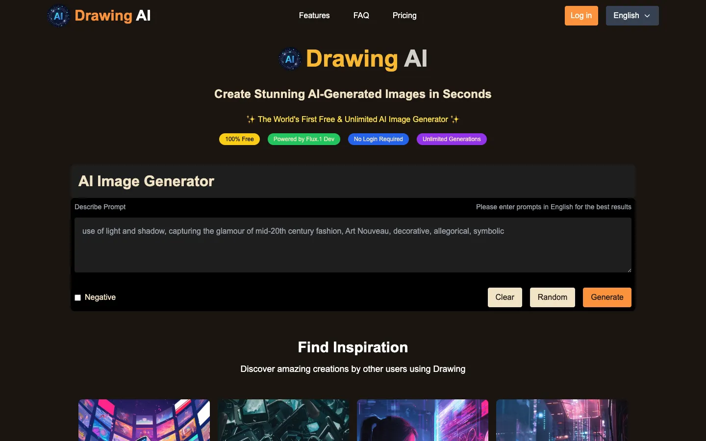 Screenshot of the ai drawing generator homepage