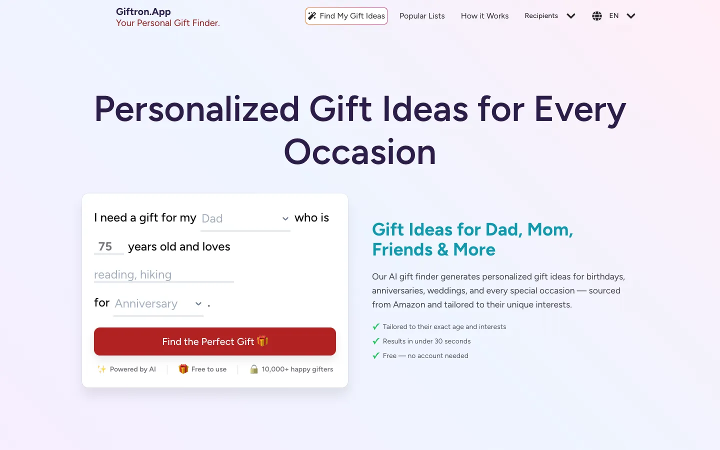 Screenshot of the Giftron: Personalized Gift finder homepage