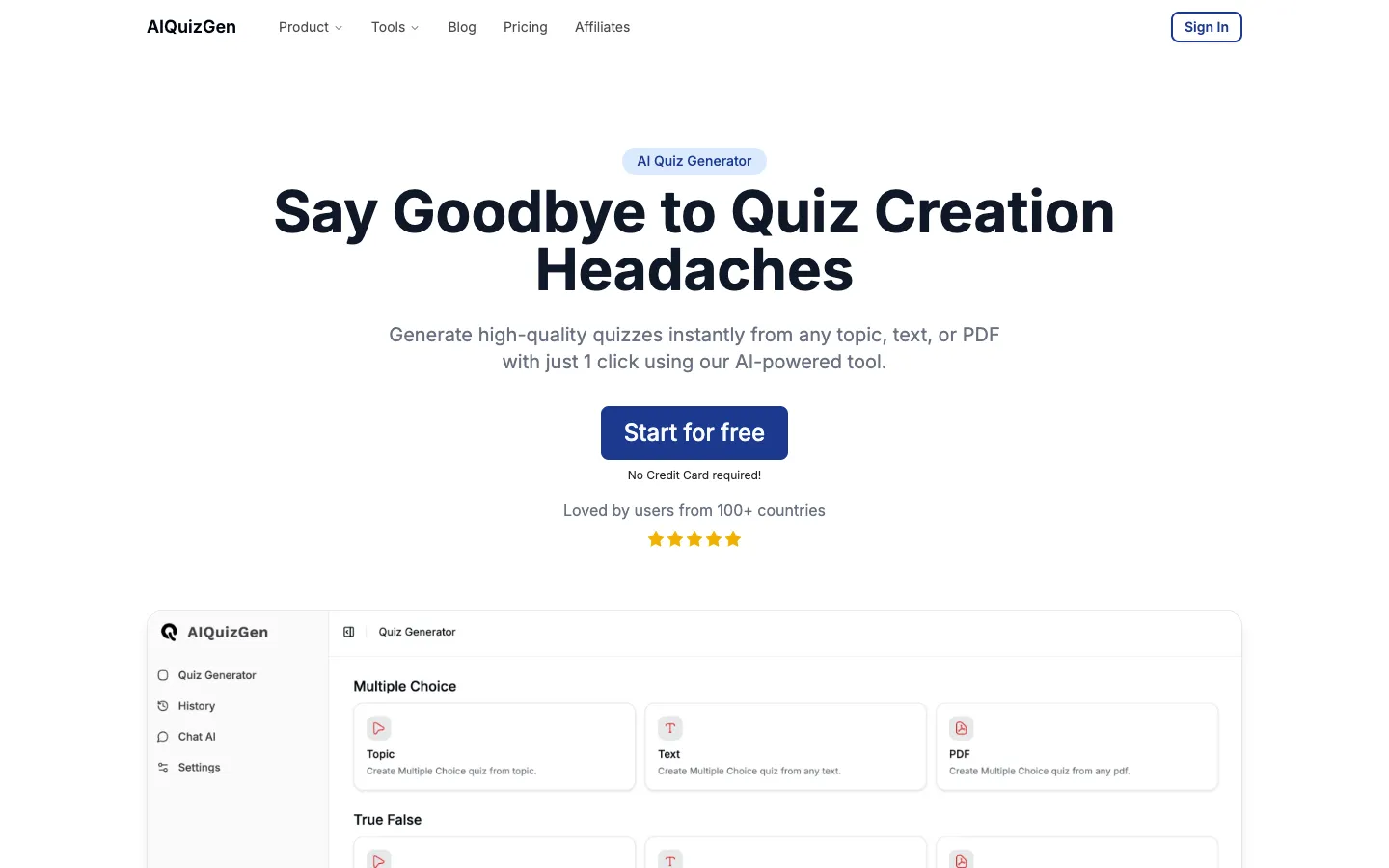 Screenshot of the AIQuizGen homepage