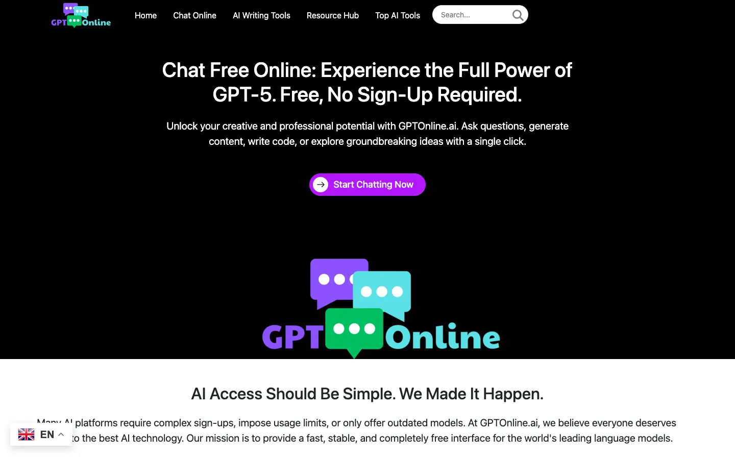 Screenshot of the ChatGPT Online - GPTOnline.ai homepage