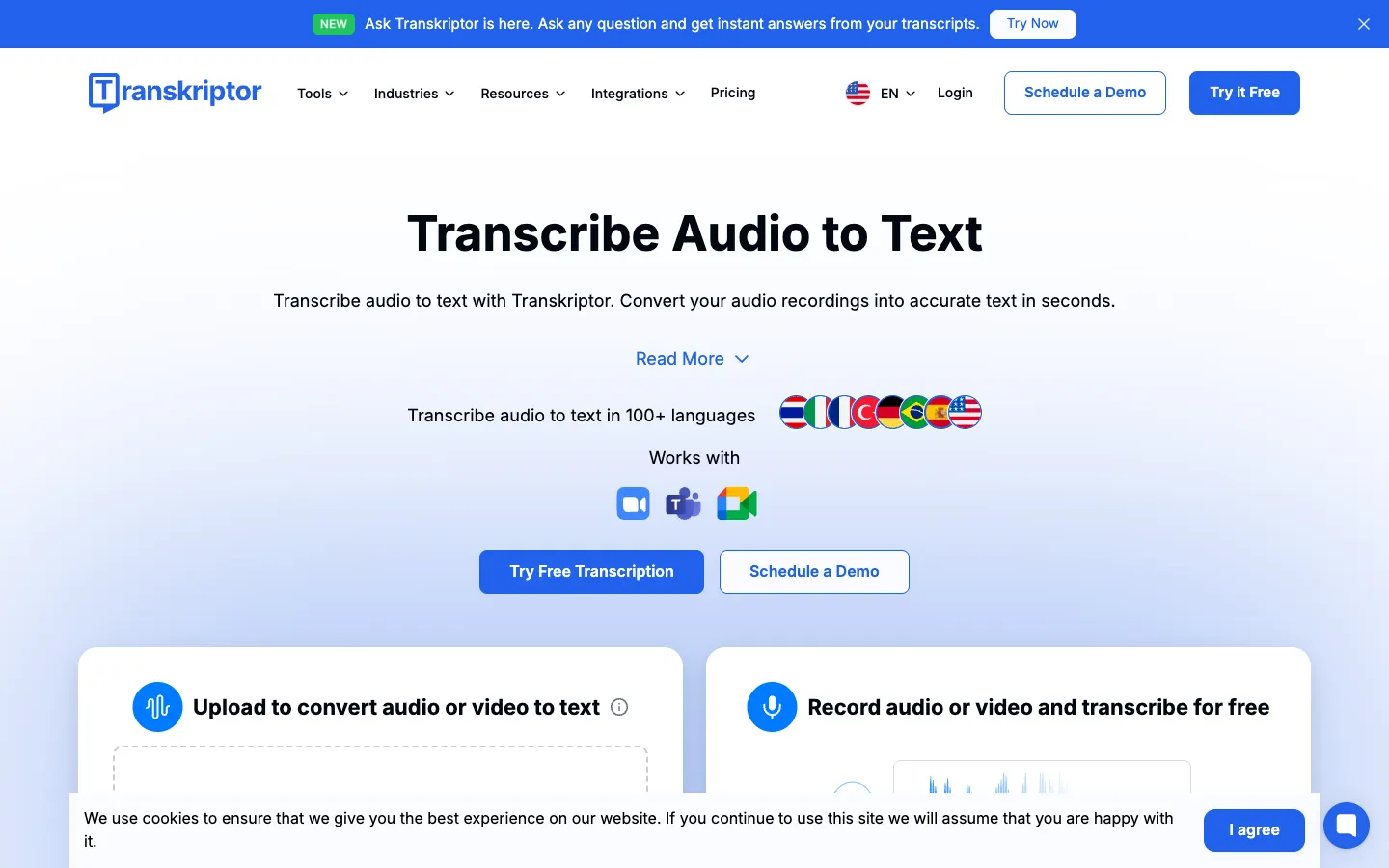 Screenshot of the Transkriptor homepage
