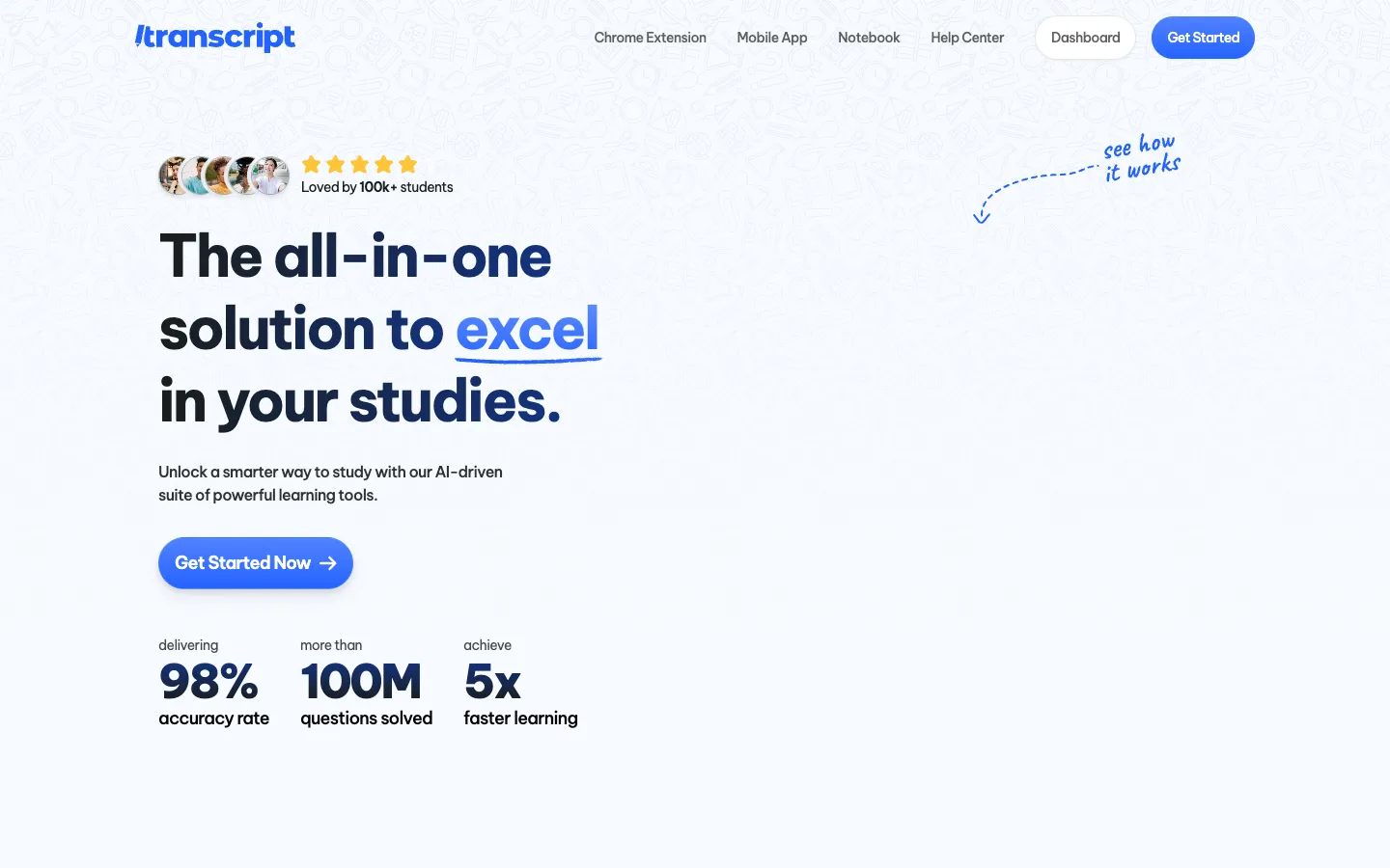 Screenshot of the Transcript homepage