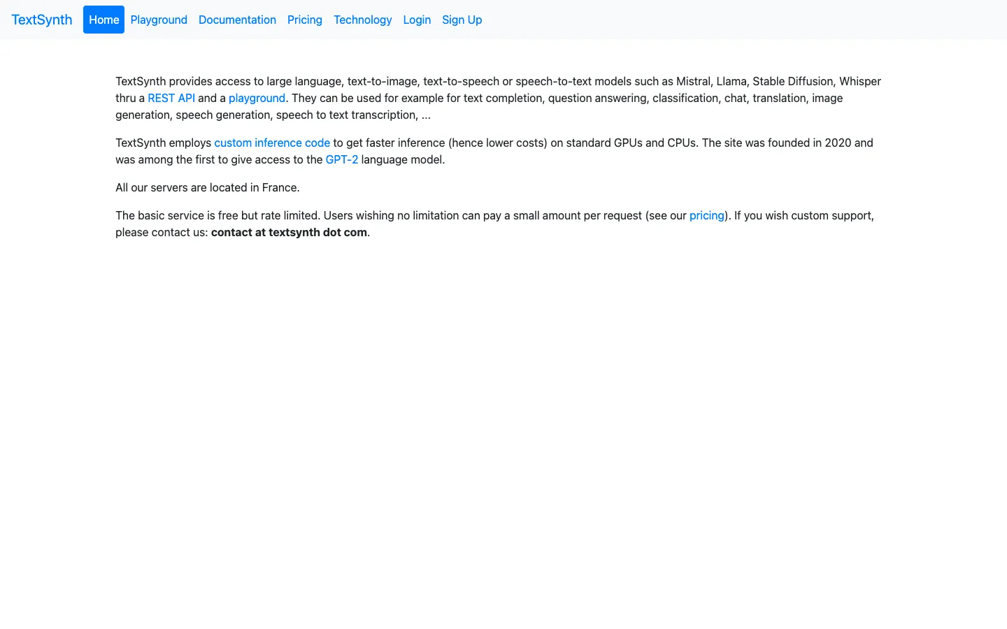 Screenshot of the TextSynth homepage
