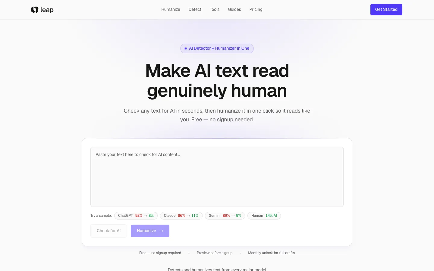 Screenshot of the Leap AI homepage