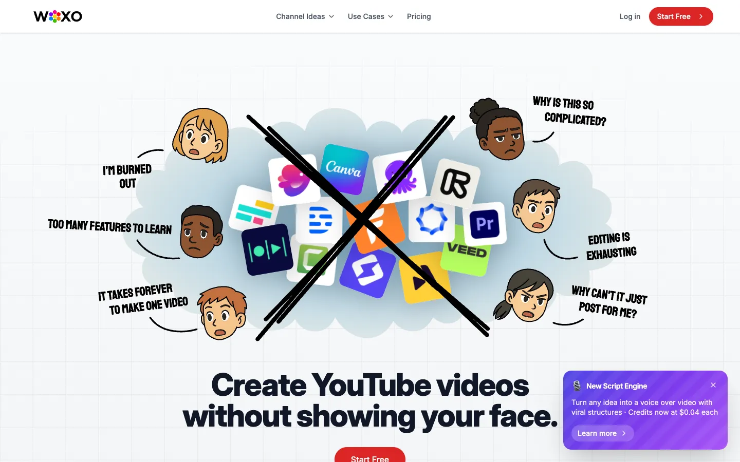 Screenshot of the WOXO: AI Video Generator for Social Content homepage
