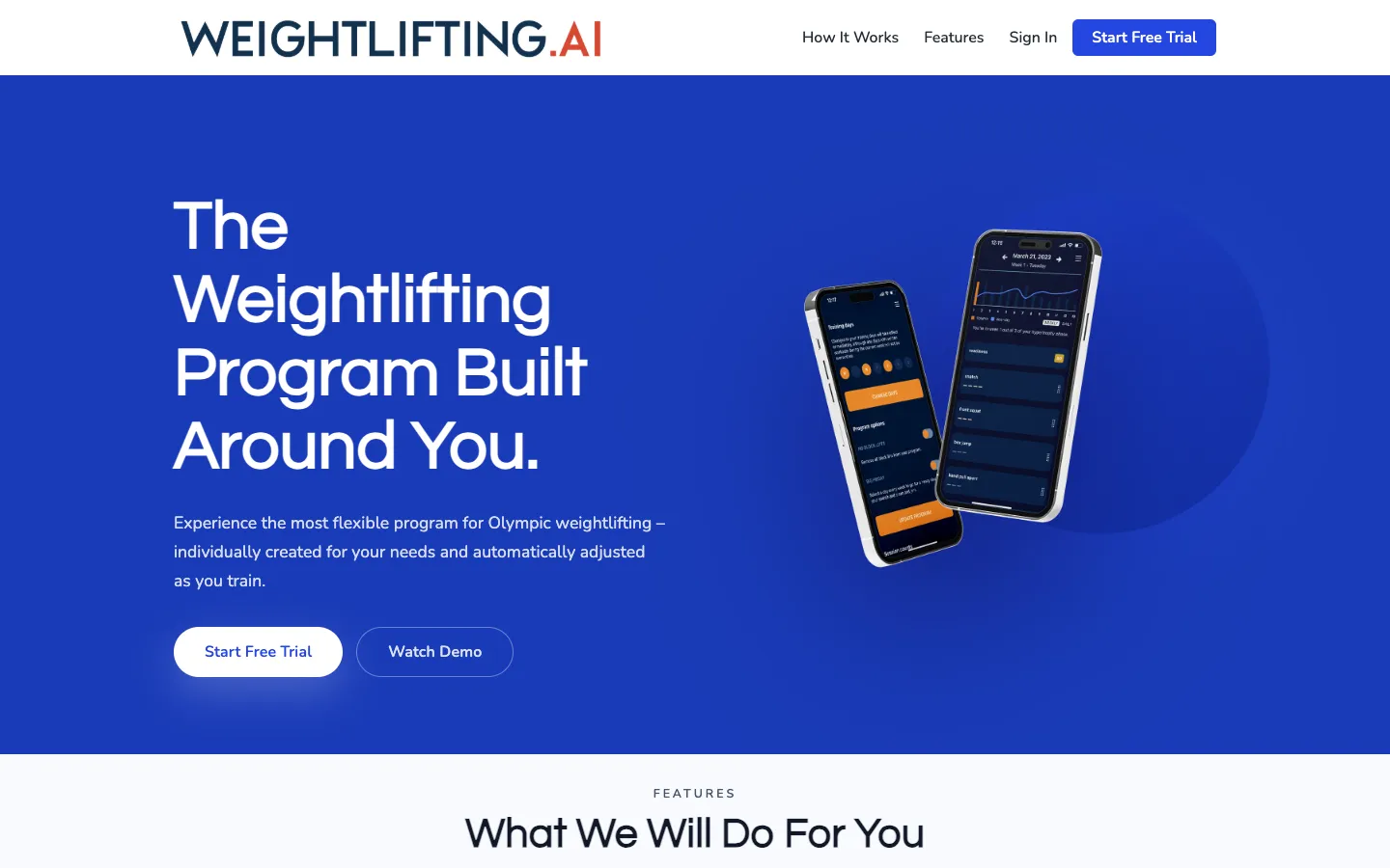 Screenshot of the Weightlifting.AI homepage