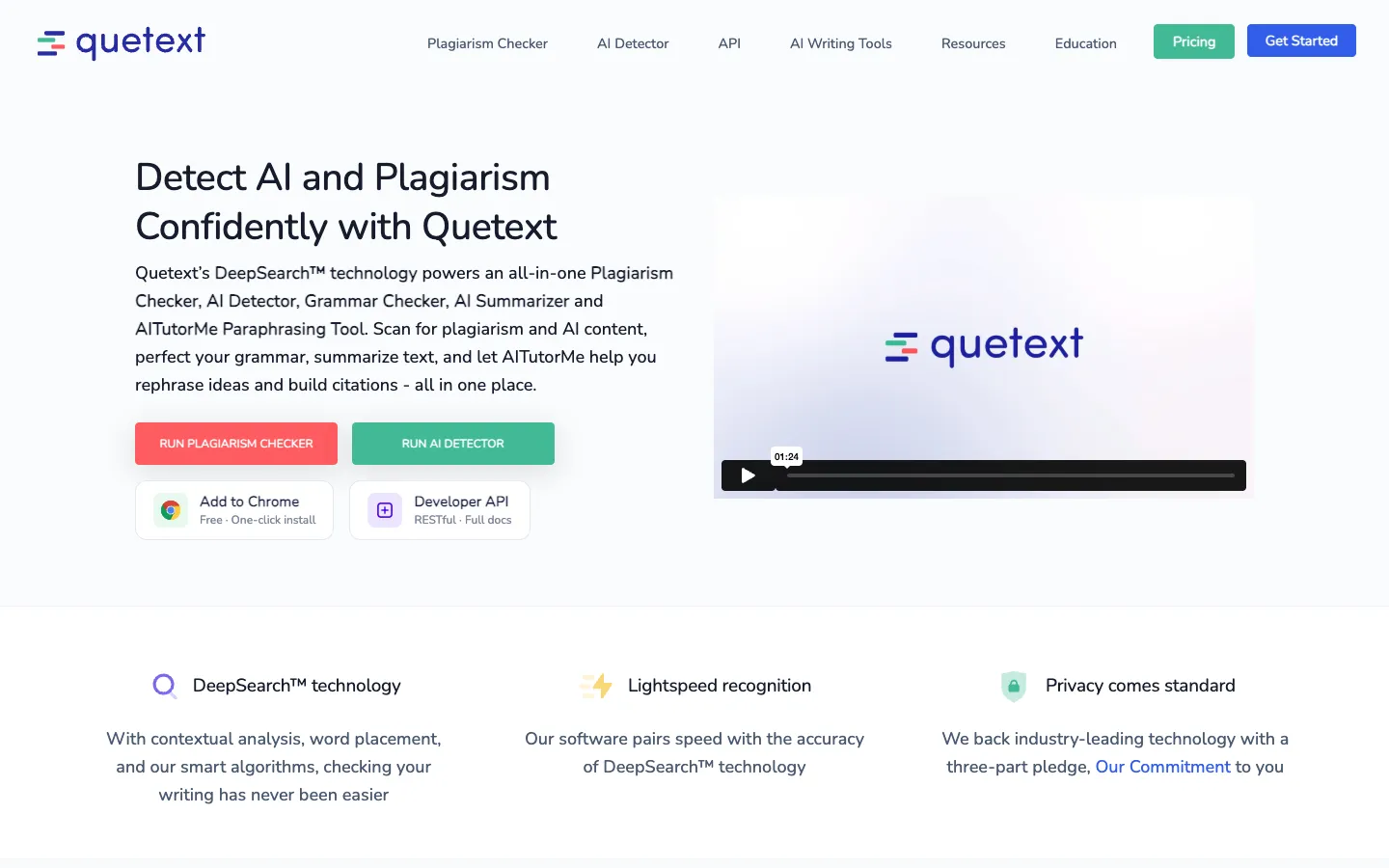 Screenshot of the Quetext homepage