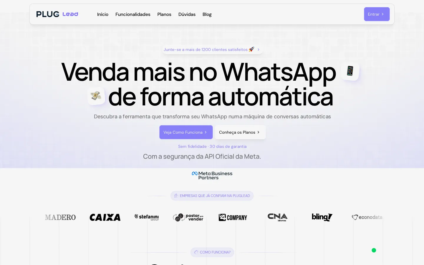 Screenshot of the PlugLead homepage