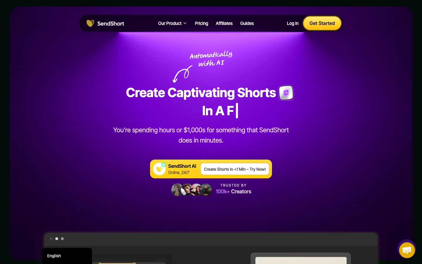 Screenshot of the SendShort homepage