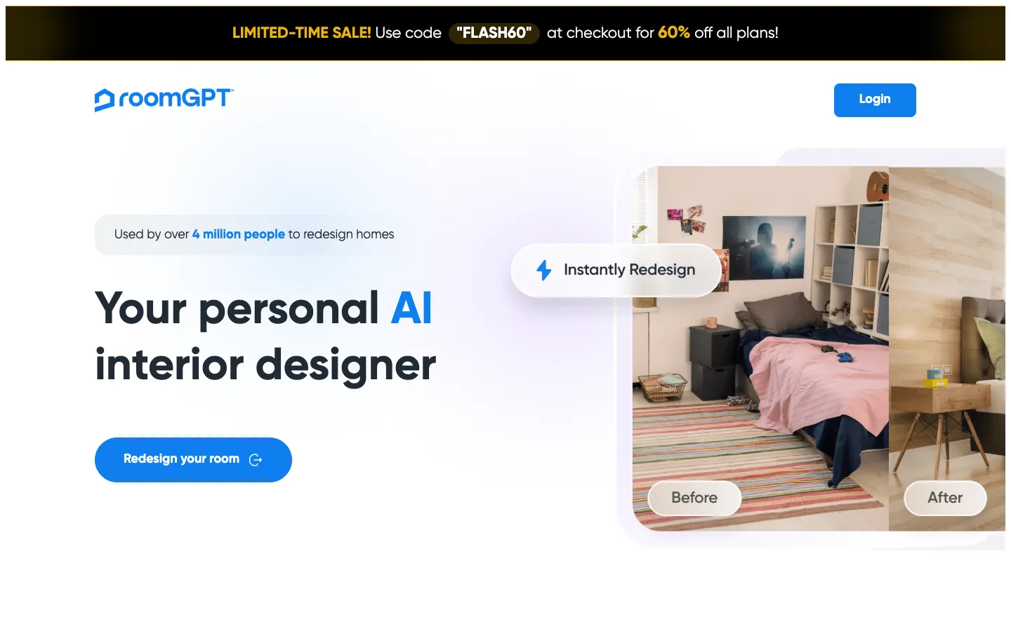 Screenshot of the RoomGPT homepage