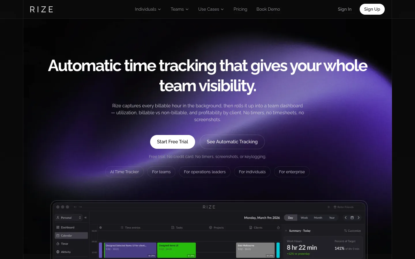 Screenshot of the Rize homepage