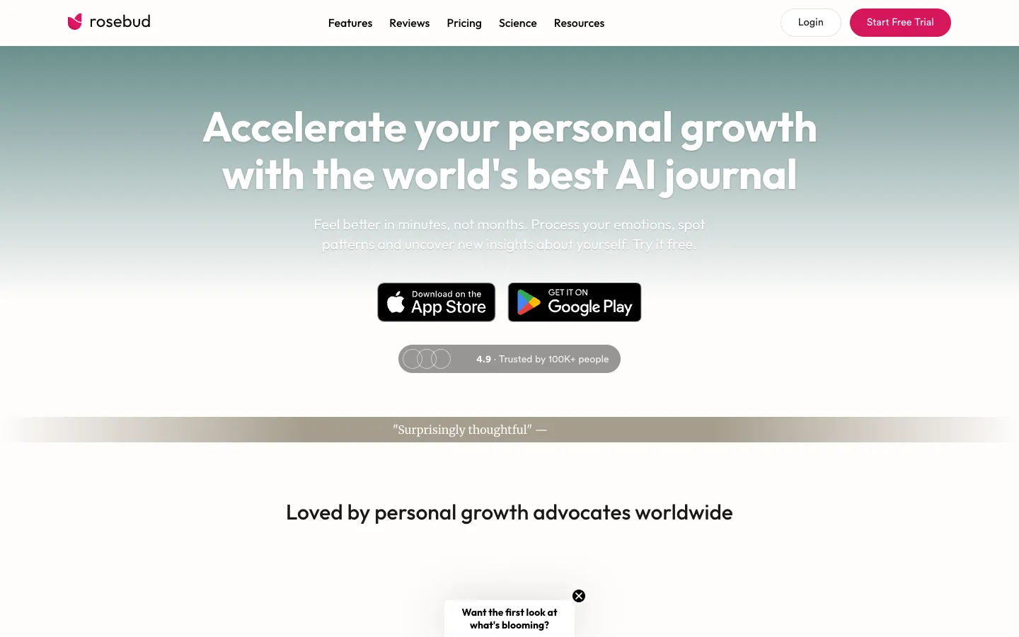 Screenshot of the Rosebud - AI Journal for Personal Growth homepage