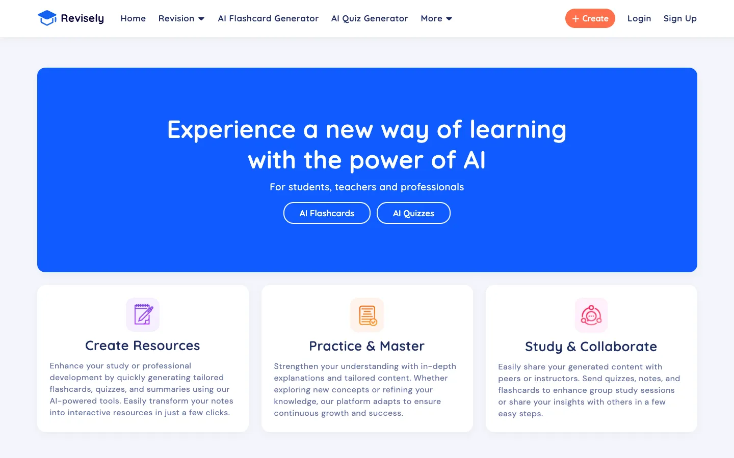 Screenshot of the Revisely homepage