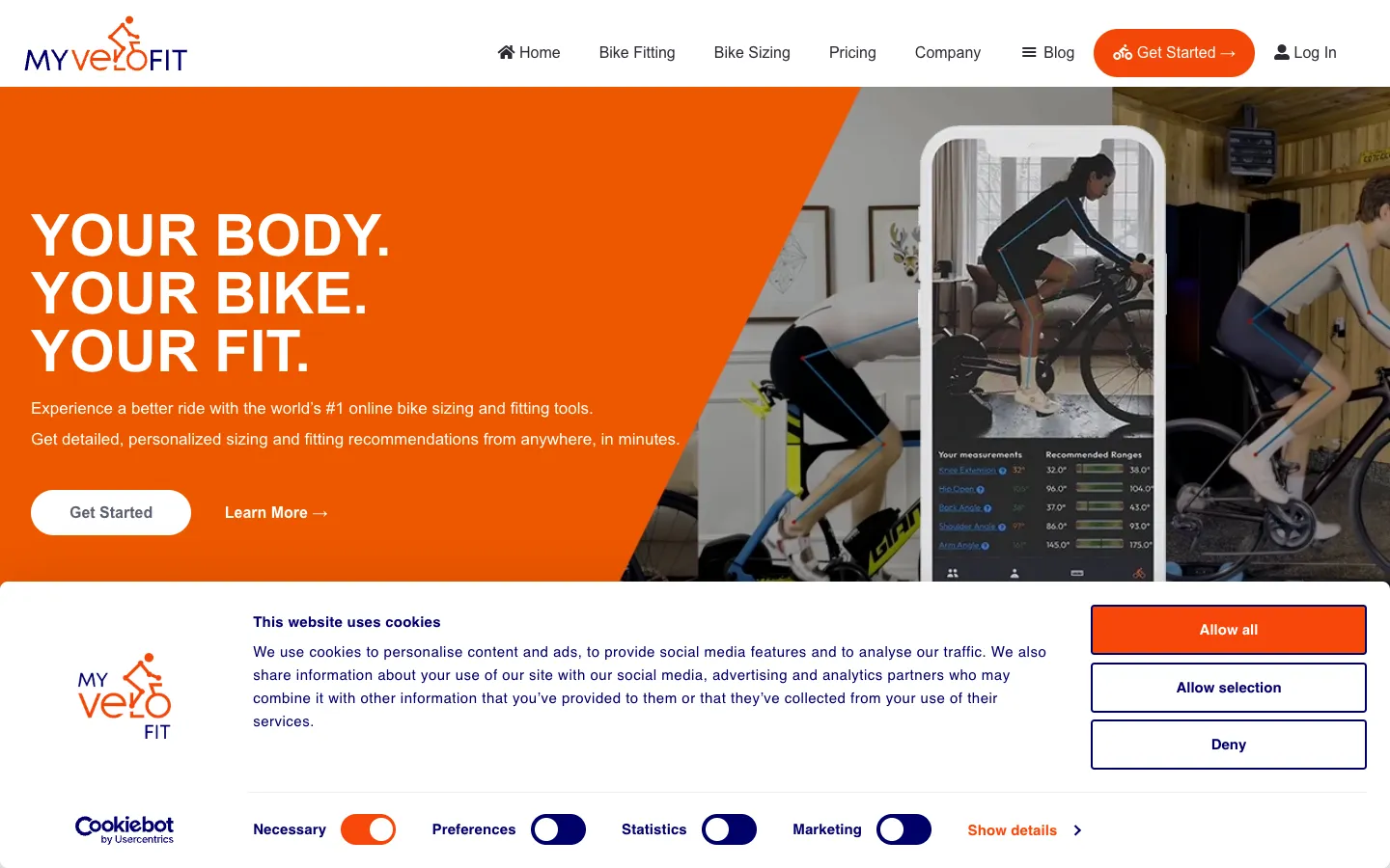 Screenshot of the MyVeloFit homepage