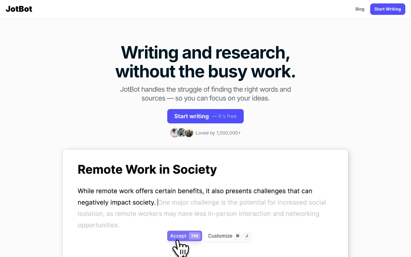 Screenshot of the JotBot AI homepage