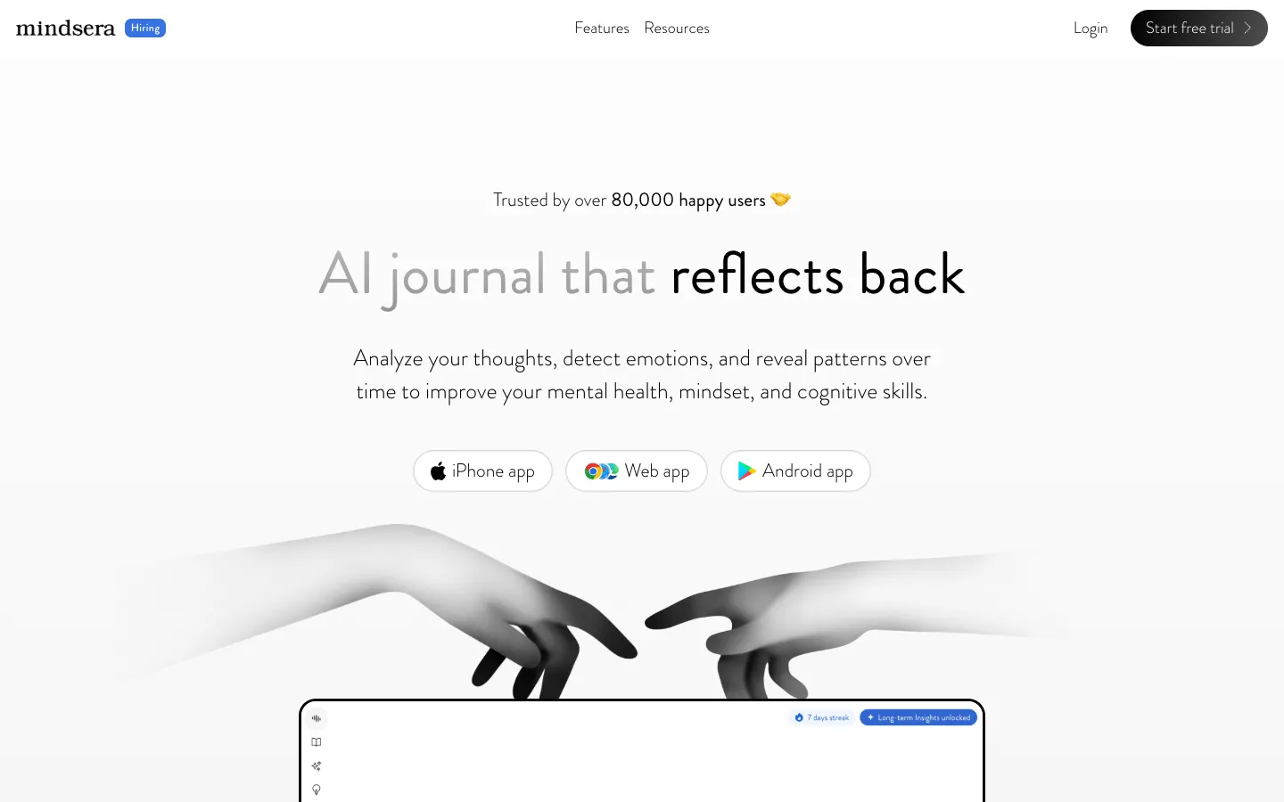 Screenshot of the Mindsera homepage