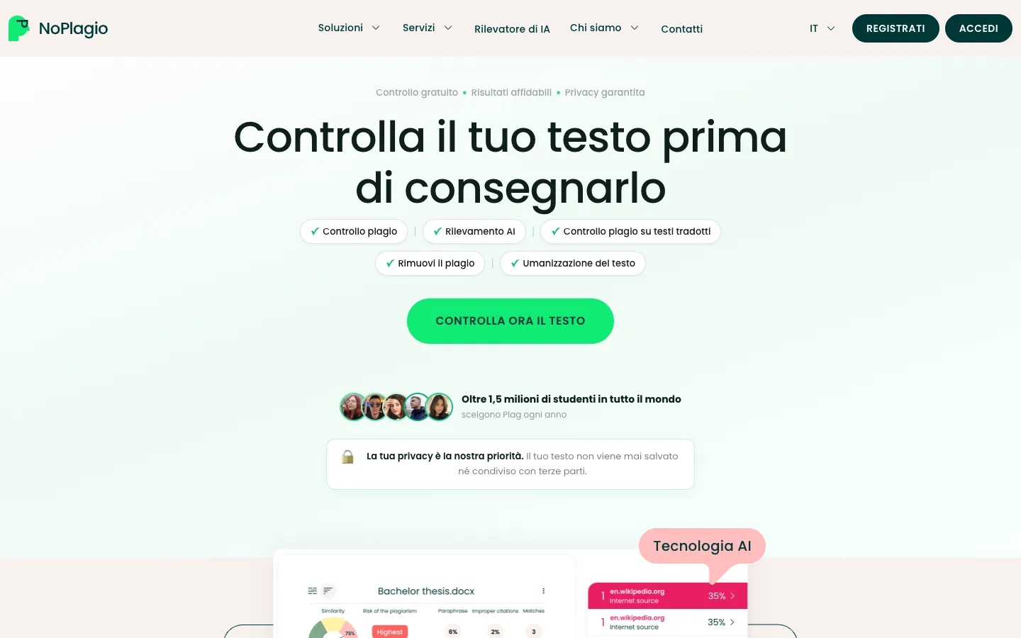 Screenshot of the NoPlagio homepage