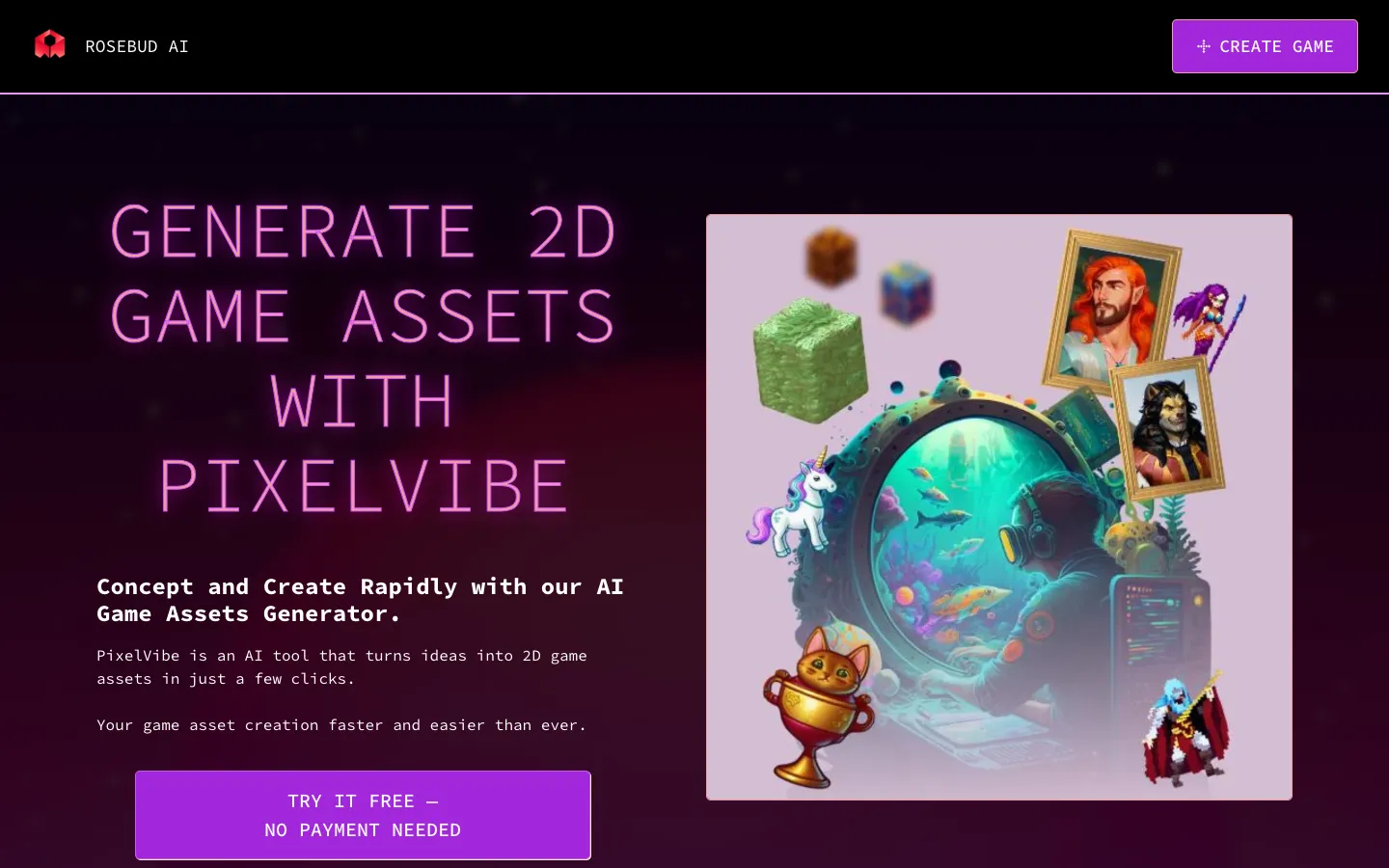 Screenshot of the PixelVibe by Rosebud AI homepage