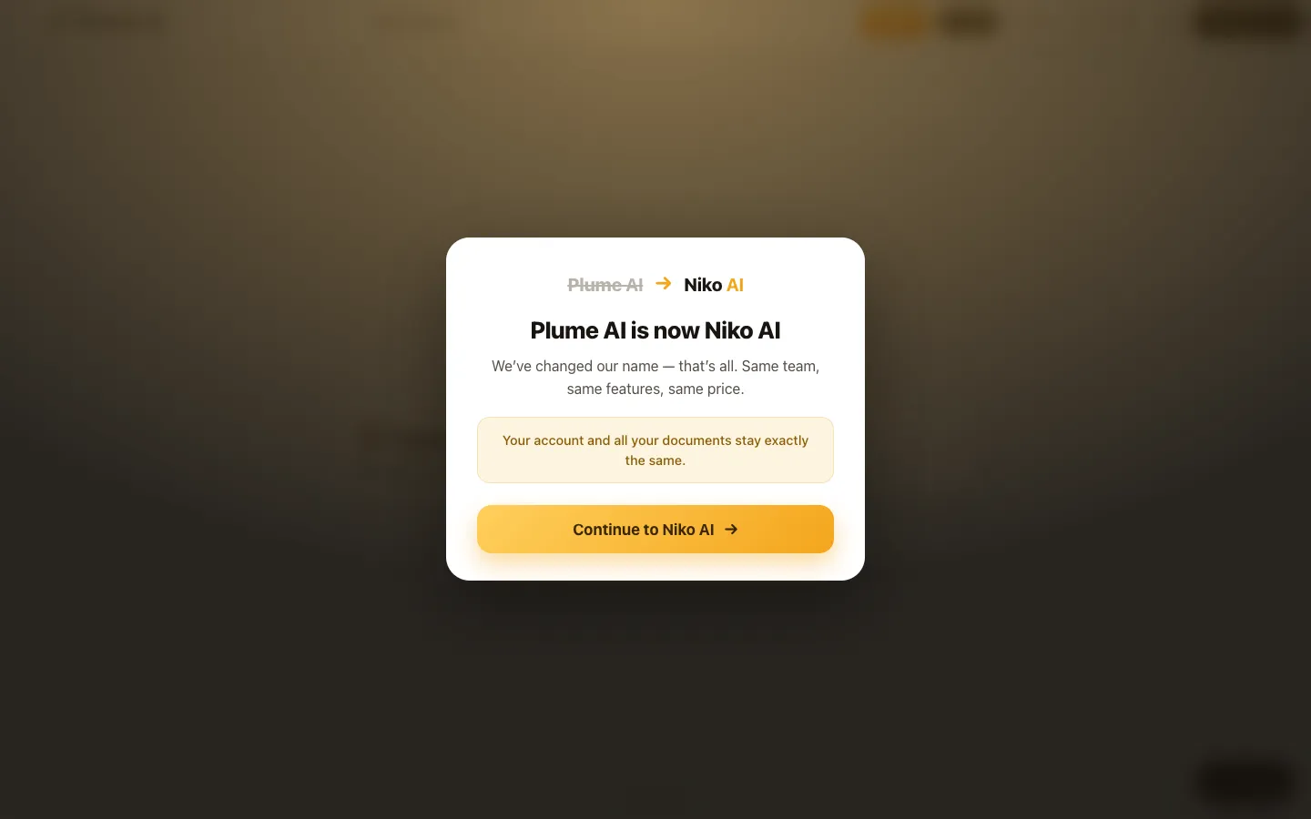 Screenshot of the Plume AI homepage