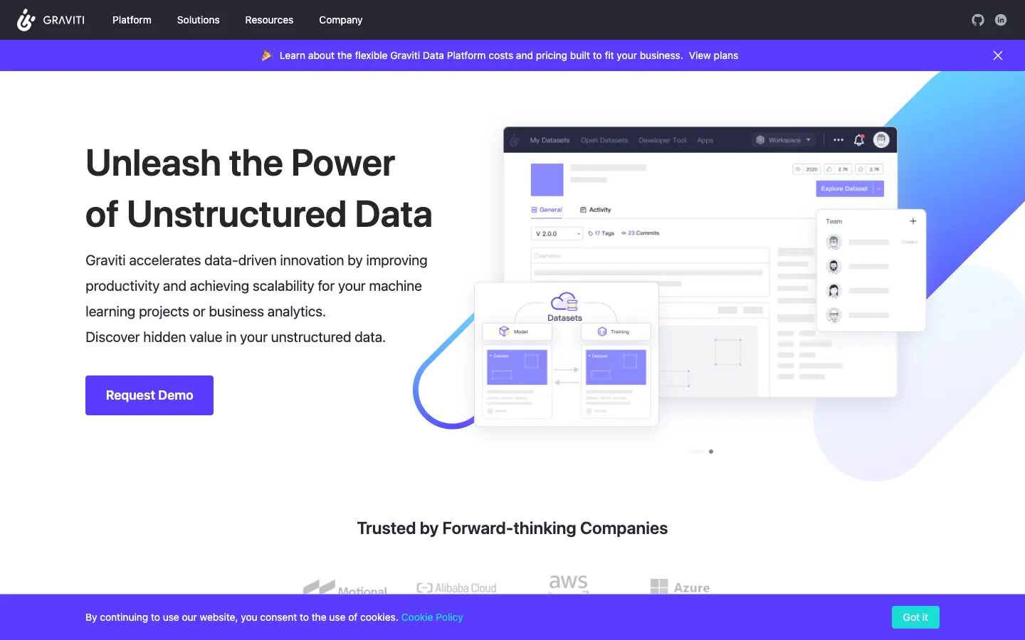 Screenshot of the Graviti homepage