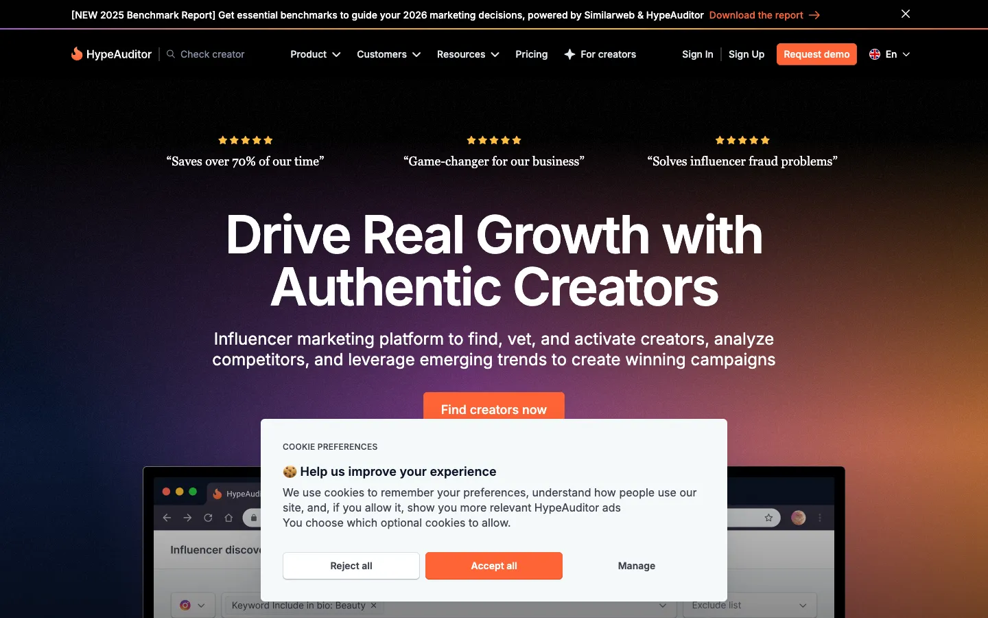 Screenshot of the HypeAuditor homepage