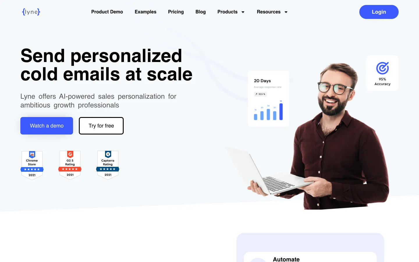 Screenshot of the Lyne.ai homepage