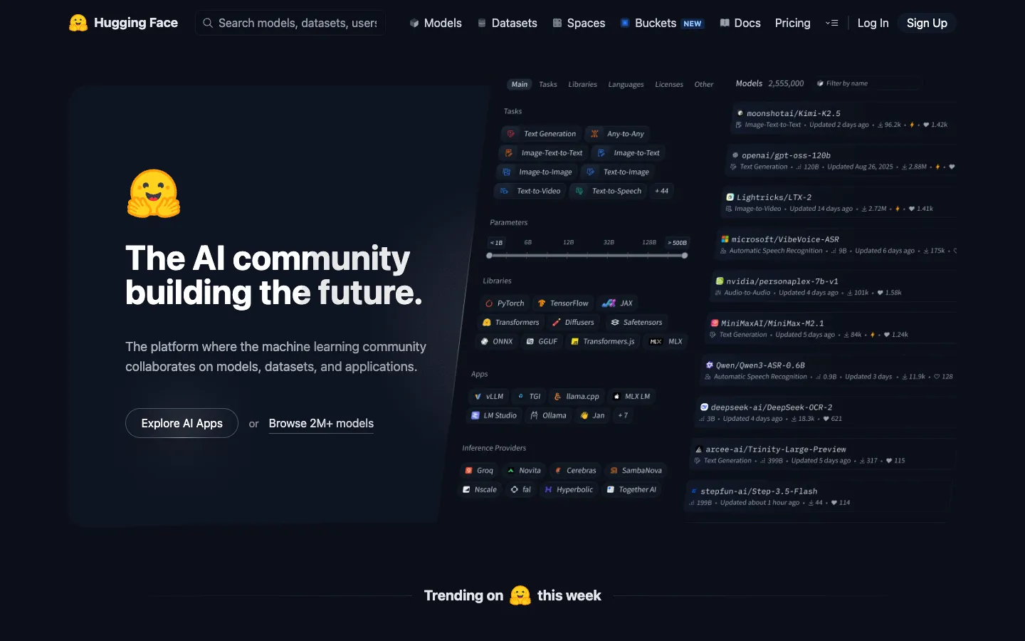Screenshot of the Hugging Face homepage