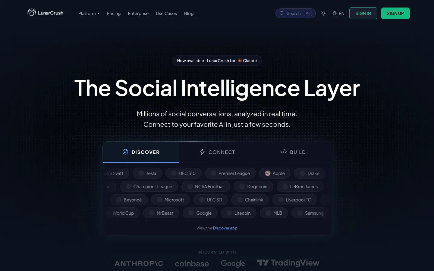 Screenshot of the LunarCrush homepage