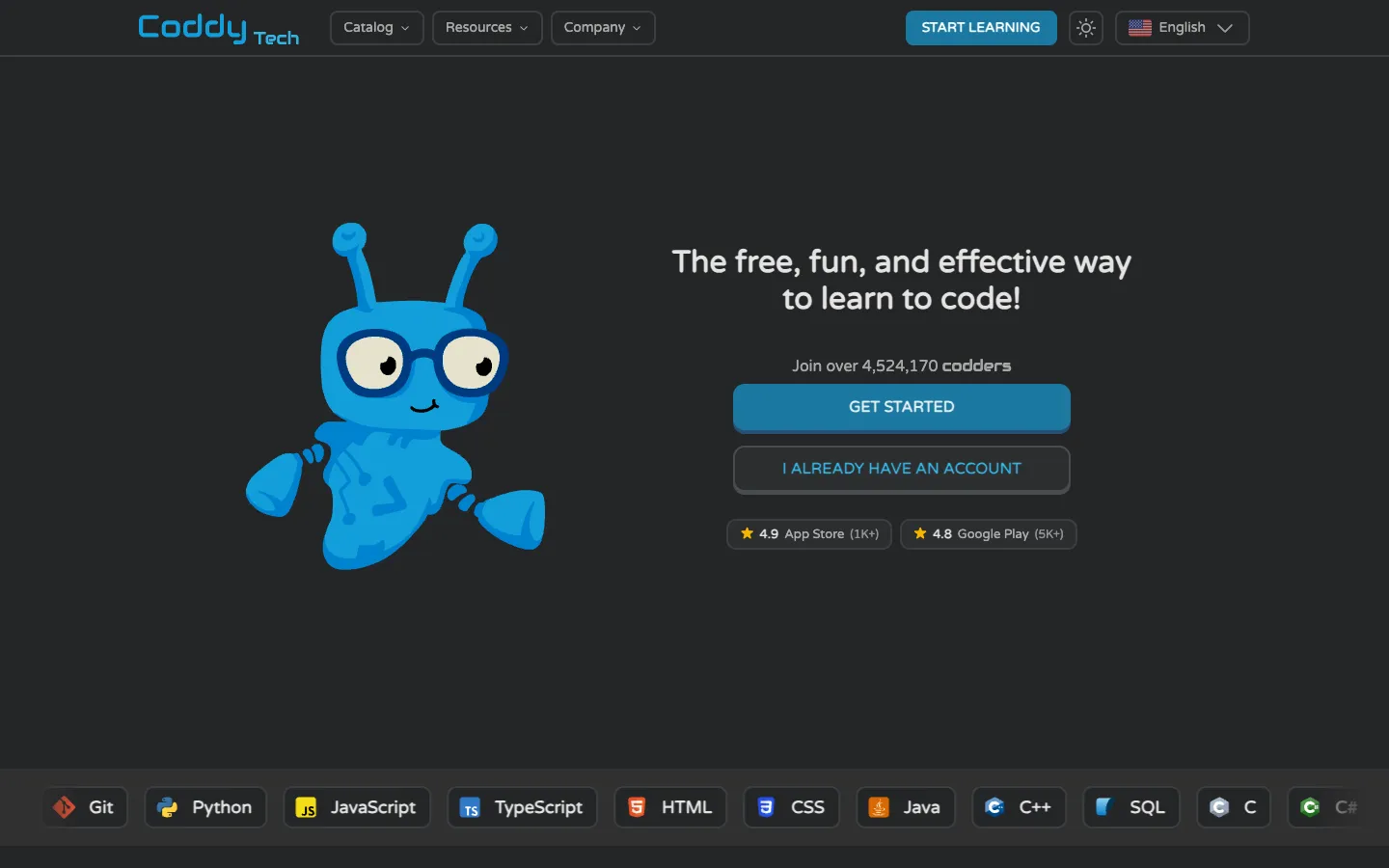 Screenshot of the Coddy - Code Makes Perfect homepage