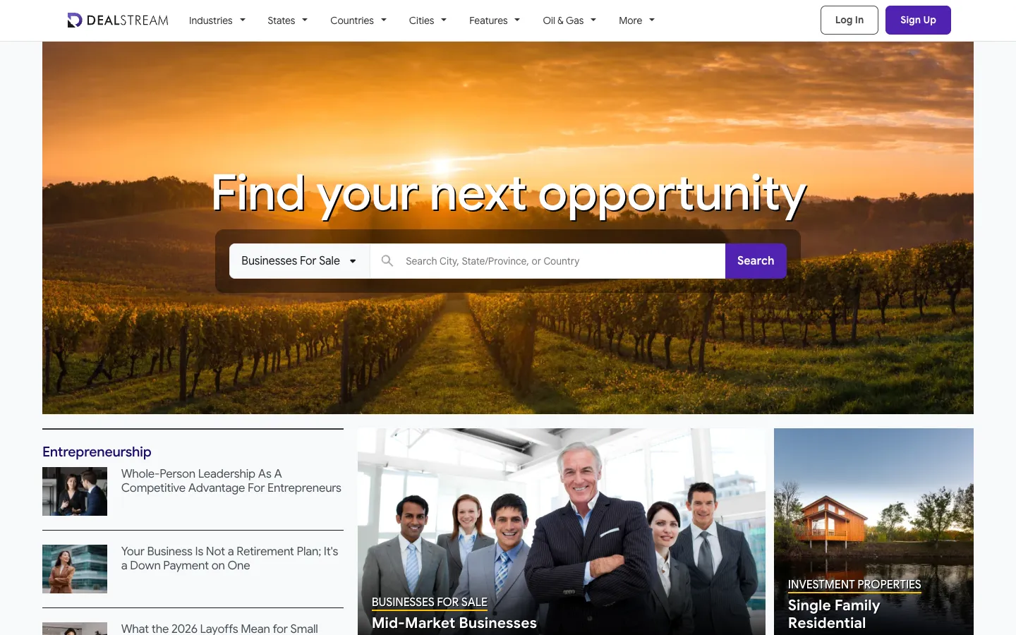 Screenshot of the DealStream homepage