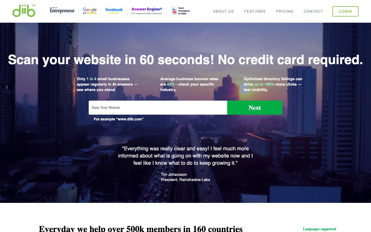 Screenshot of the Diib homepage