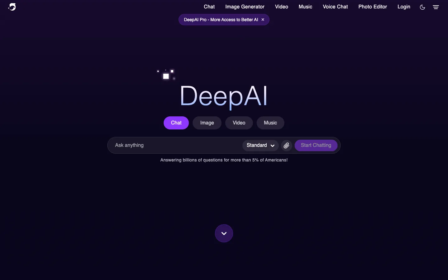 Screenshot of the DeepAI homepage