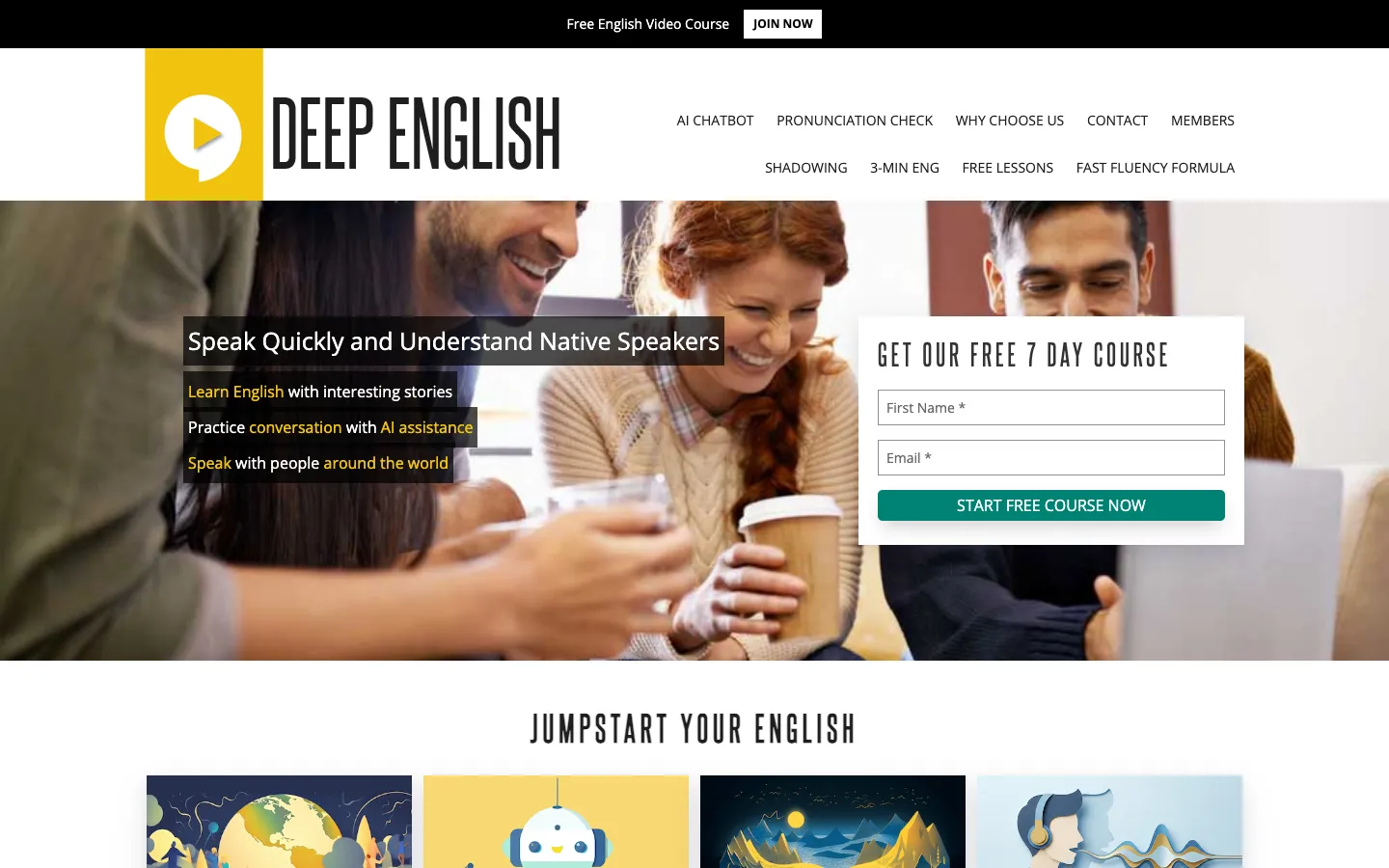 Screenshot of the Deep English homepage