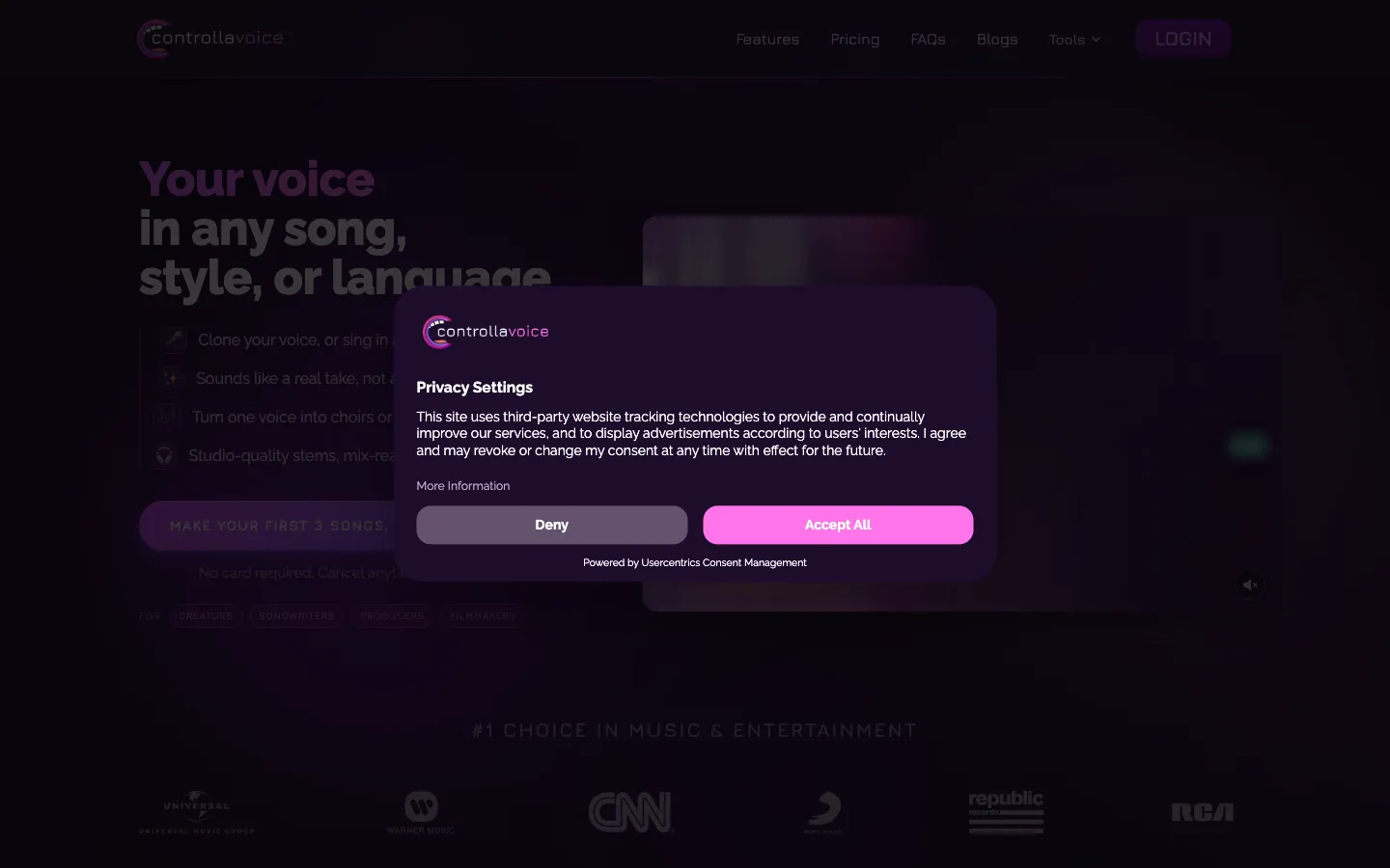 Screenshot of the Controlla: interactive, remixable songs homepage