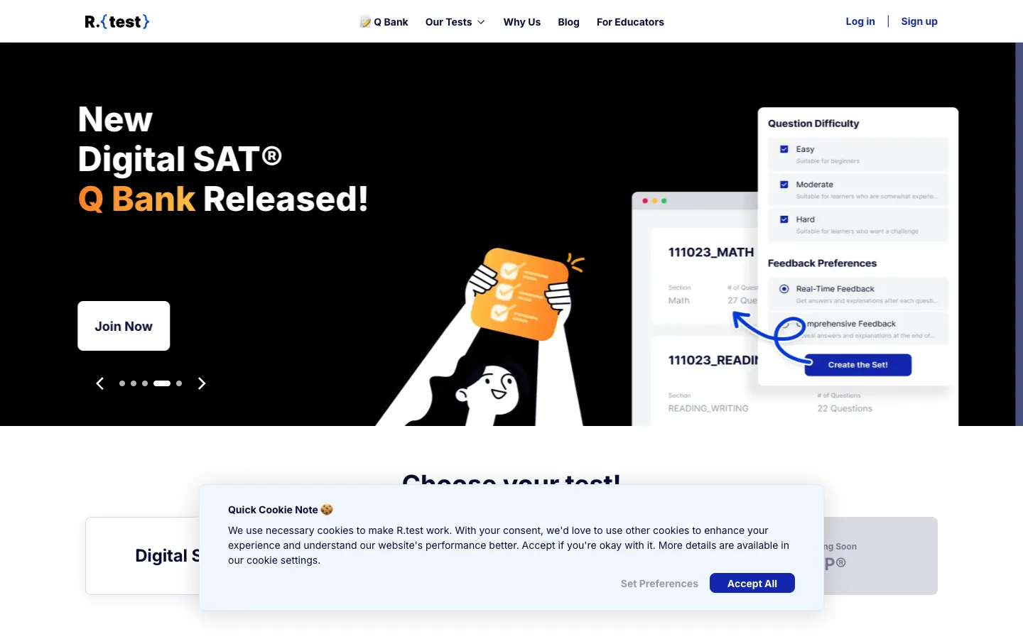 Screenshot of the R.test homepage