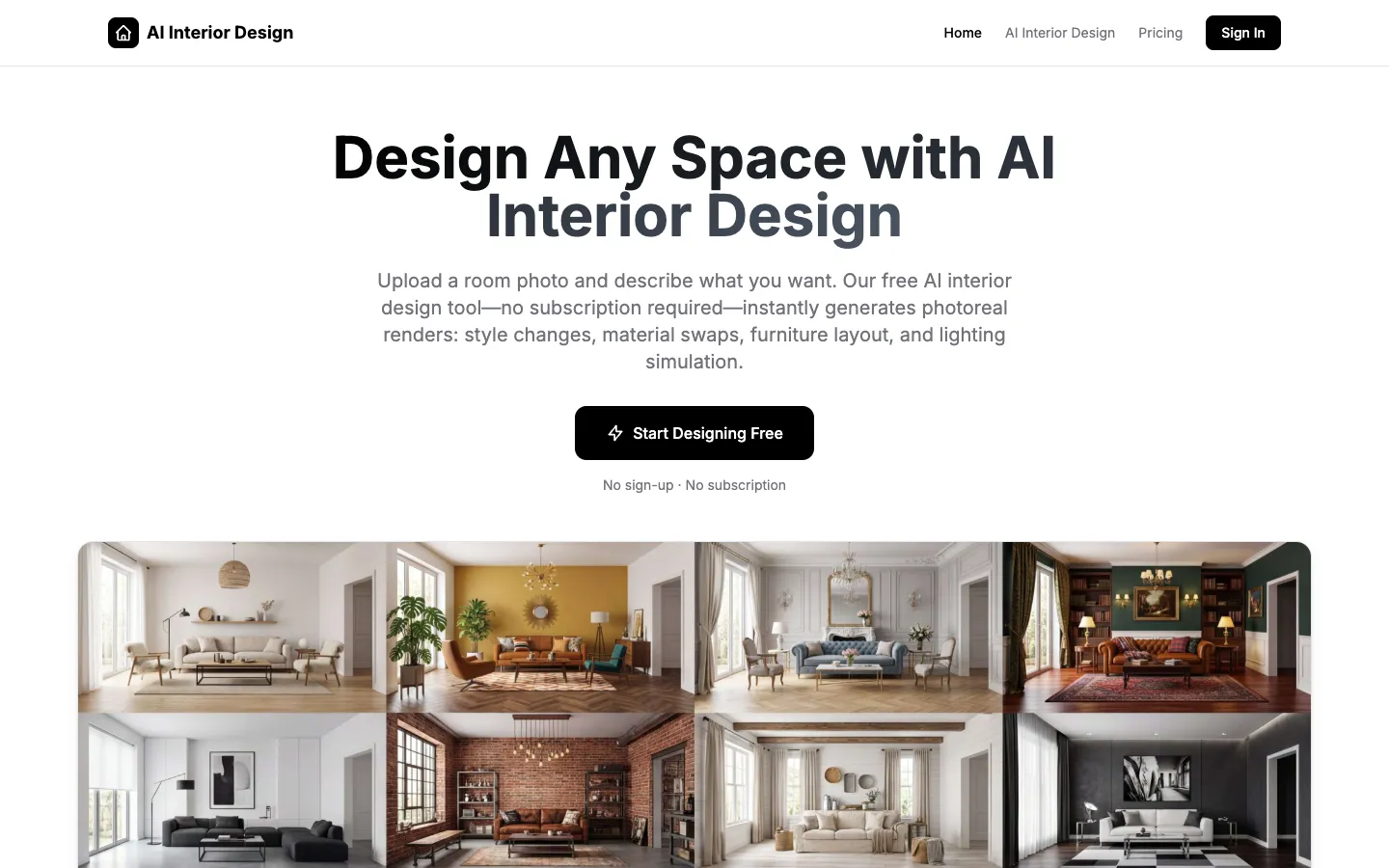 Screenshot of the aiinteriordesign.io homepage