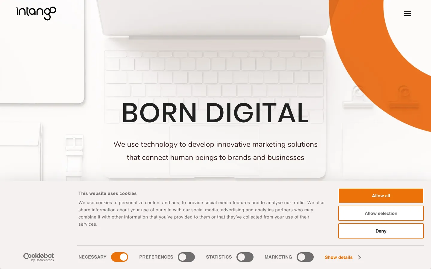 Screenshot of the Intango homepage