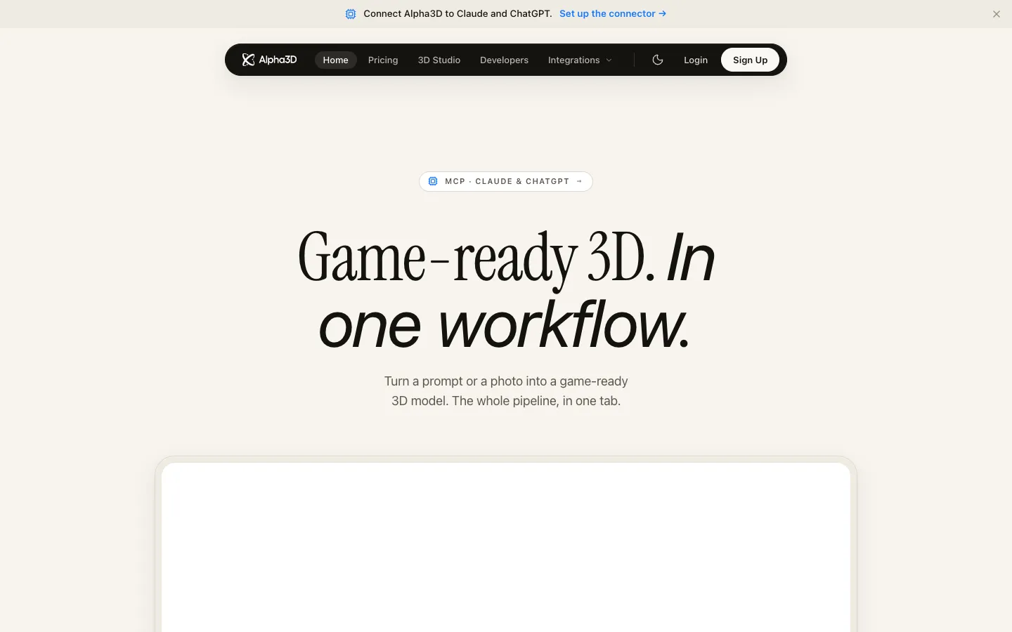 Screenshot of the Alpha3D homepage