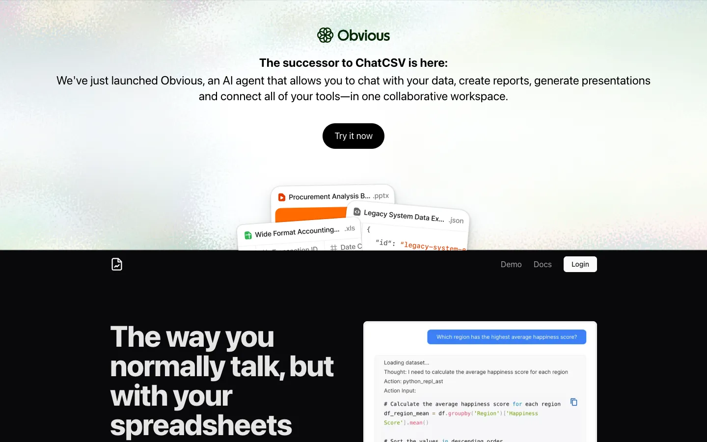 Screenshot of the ChatCSV homepage