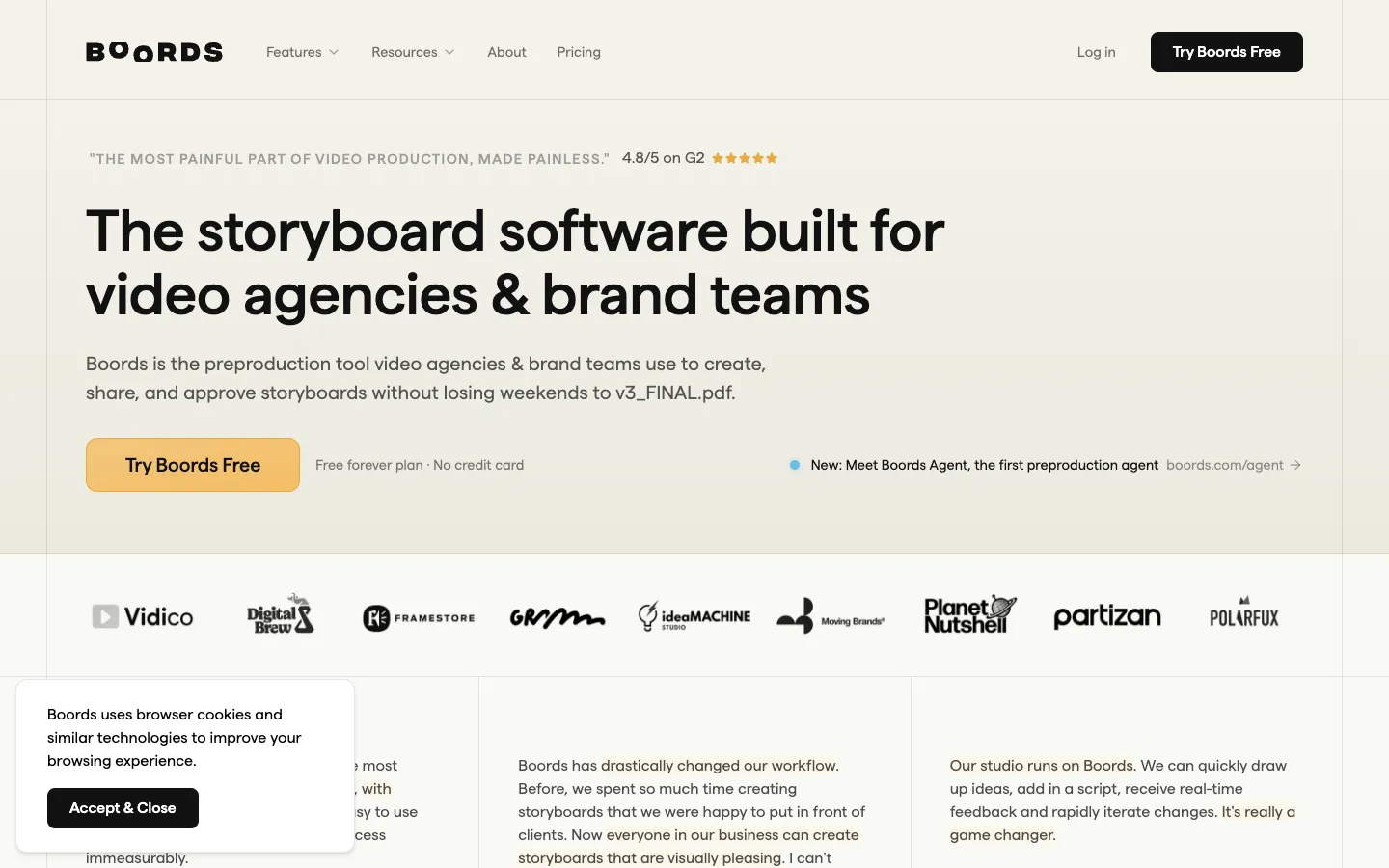 Screenshot of the Boords homepage
