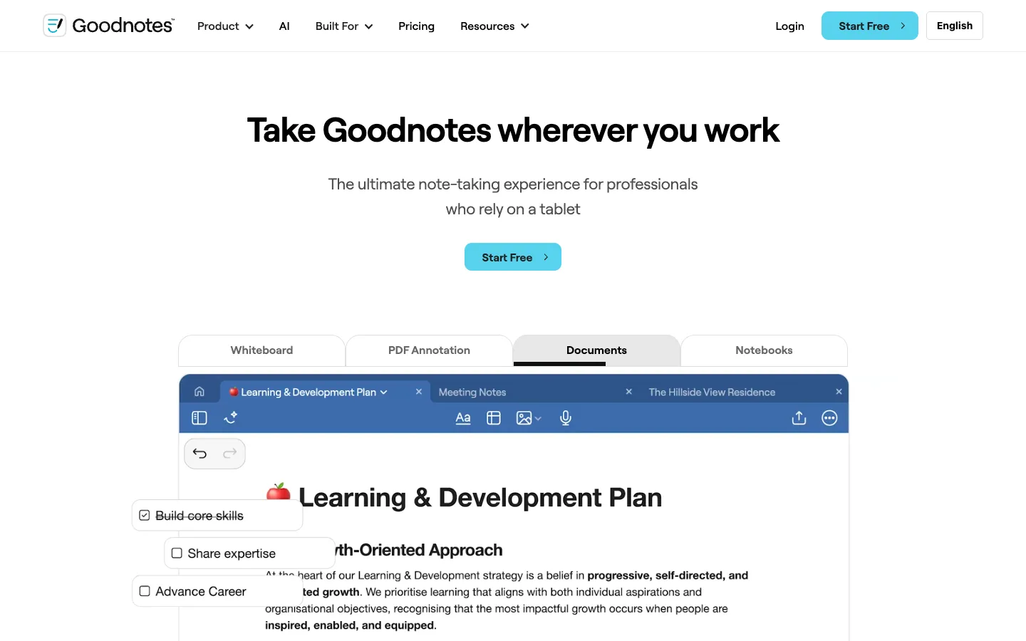 Screenshot of the Goodnotes homepage