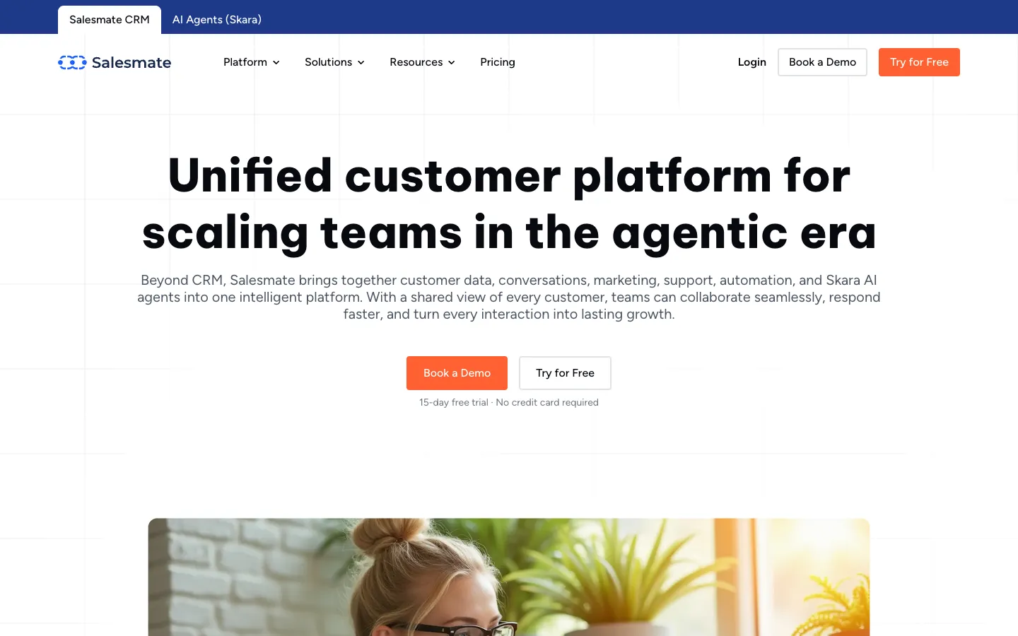 Screenshot of the Salesmate CRM homepage
