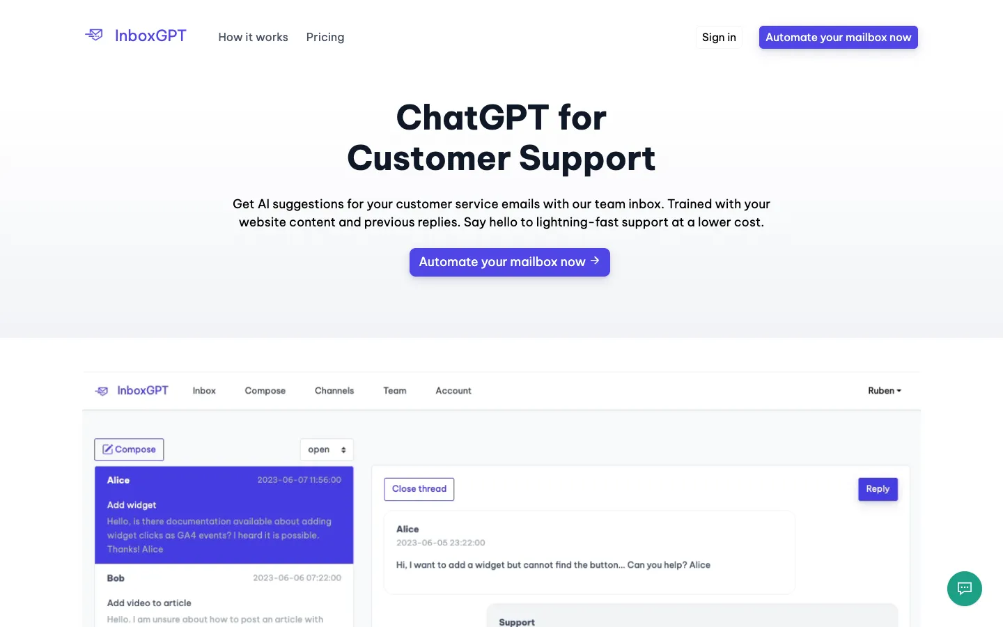 Screenshot of the InboxGPT homepage