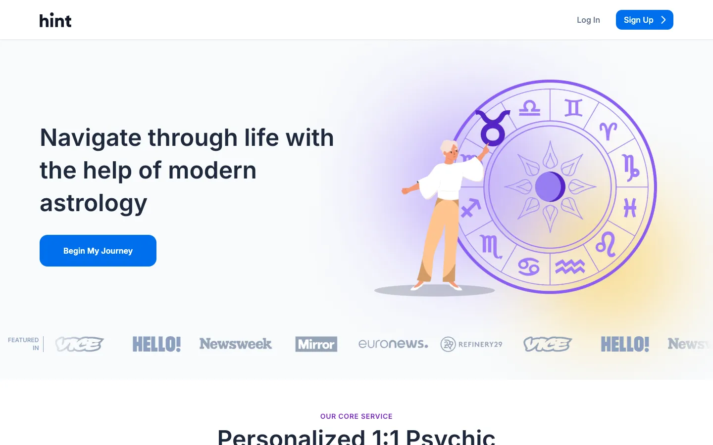 Screenshot of the Hint homepage